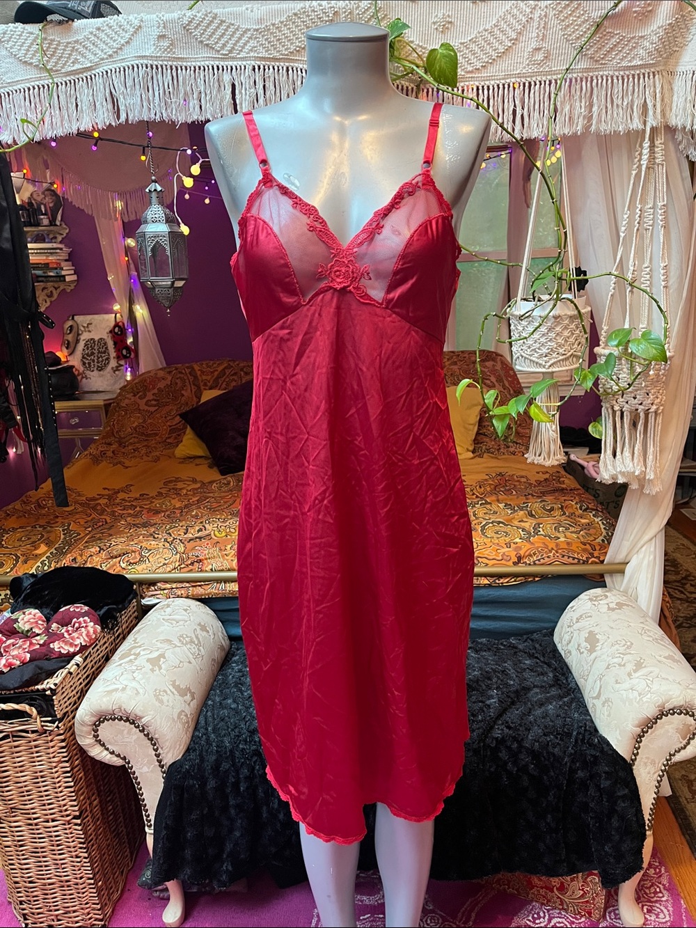 Vintage Red silky satin nylon lace mesh bust lingerie slip dress